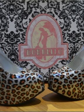 Bordello Metallic Silver Leopard Platform Pumps with Brown Spots